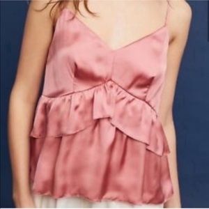 ANTHROPOLOGIE PINK SATIN RUFFLE TANK TOP